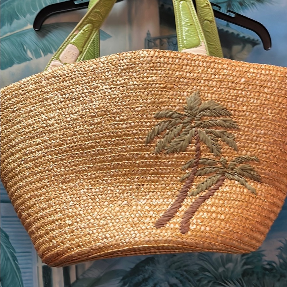 ⚠️Palm Tree Embroidered Straw Tote Bag - Tan and Green